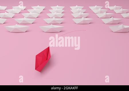 Women's leadership concept. Pink paper ship in the foreground leading among white on pink background. 3d rendering. Stock Photo