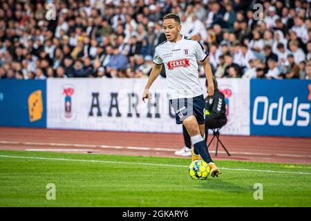Aarhus, Denmark. 12th, September 2021. Mikael Anderson (8) of AGF seen during the 3F Superliga match between Aarhus GF and Vejle Boldklub at Ceres Park in Aarhus. (Photo credit: Gonzales Photo - Morten Kjaer). Stock Photo