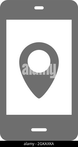 Smartphone with destination mark, geolocation, gps navigations grey icon. Stock Vector