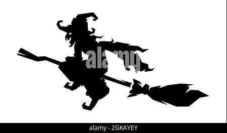 witch, hag silhouette flying with magic broom isolated on white background vector illustration. Stock Vector