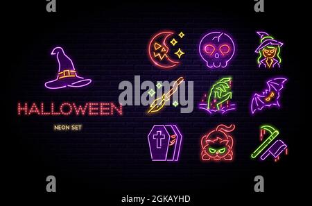 Halloween neon icons vector set. Happy halloween glowing light line signs isolated on dark brick wall background. Halloween typographic led design. Stock Vector