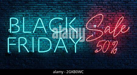 BLACK FRIDAY SALE 50 percent neon sign on brick wall. 3d rendering Stock Photo