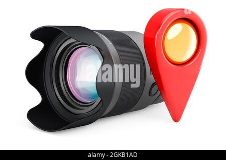 Professional video camera with map pointer, 3D rendering isolated on ...