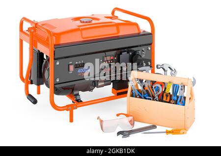 Gasoline generator with toolbox. Service and repair of gasoline generator, 3D rendering isolated on white background Stock Photo