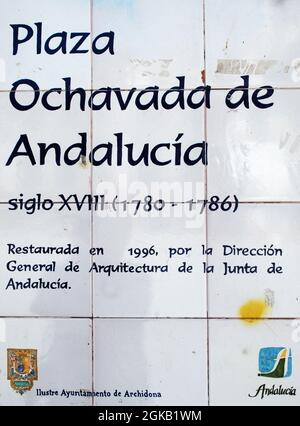 Ceramic Plaza Ochavada de Andalucia sign, Archidona, Spain. Stock Photo