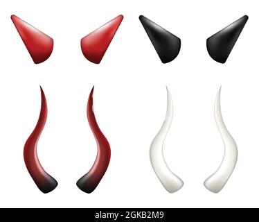 Devil horns vector illustration set. Red, Black and white horn collection. Demon horns isolated. Stock Vector