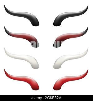 Devil horns vector illustration set. Red, Black and white horn collection. Demon horns isolated. Stock Vector