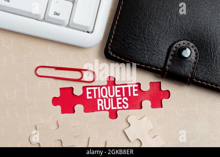Text caption presenting Etiquette Rules. Conceptual photo customs that control accepted behaviour in social groups Building An Unfinished White Jigsaw Stock Photo