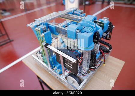 Bucharest, Romania - September 13, 2021: Details with a robot made by high school pupils from the Gheorghe Lazar highschool in Bucharest. Stock Photo