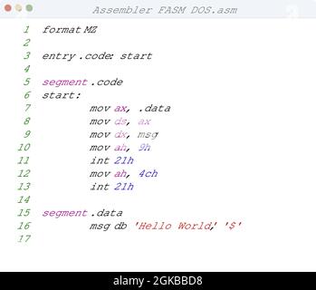 dos language Hello World program sample in editor window illustration ...