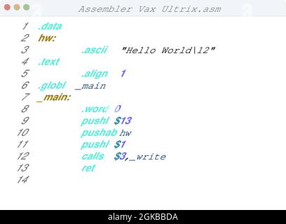 Assembler Vax Ultrix language Hello World program sample in editor ...