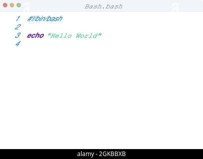 Bash language Hello World program sample in editor window illustration Stock Vector