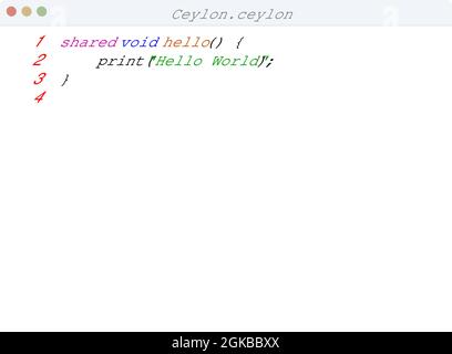 Ceylon language Hello World program sample in editor window illustration Stock Vector