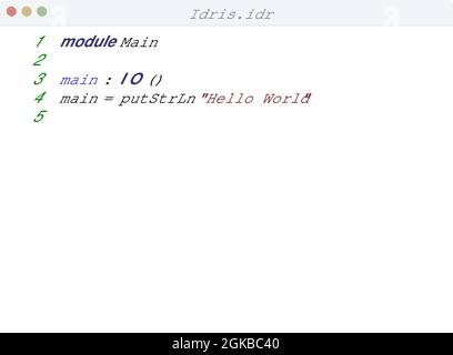 Idris language Hello World program sample in editor window illustration Stock Vector