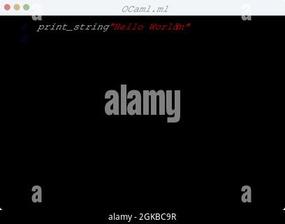 OCaml language Hello World program sample in editor window illustration Stock Vector