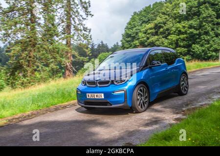 2018 blue BMW i3 1 speed automatic 600cc hybrid electric  en-route KLMC at ‘The Cars the Star Show” in Holker Hall & Gardens, Grange-over-Sands, UK Stock Photo