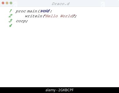 Draco language Hello World program sample in editor window illustration Stock Vector