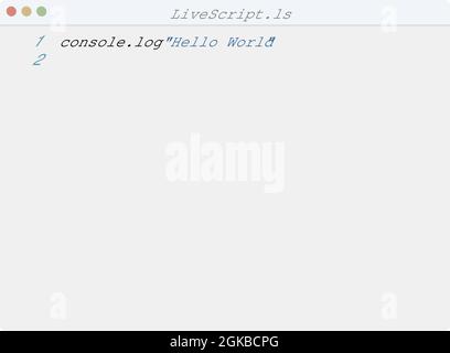LiveScript language Hello World program sample in editor window ...