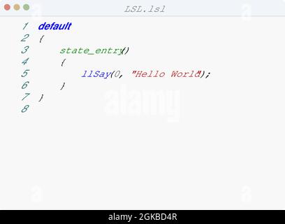 LSL language Hello World program sample in editor window illustration ...