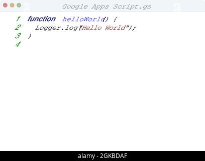 Google Apps Script language Hello World program sample in editor window ...
