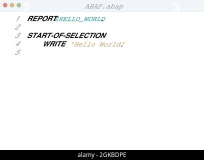 ABAP language Hello World program sample in editor window illustration Stock Vector