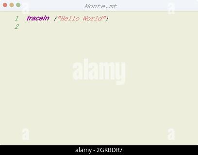 Monte language Hello World program sample in editor window illustration Stock Vector