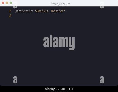 Umajin language Hello World program sample in editor window illustration Stock Vector
