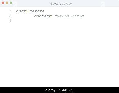 Sass language Hello World program sample in editor window illustration Stock Vector