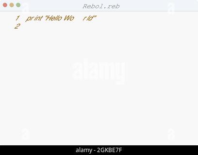 Rebol language Hello World program sample in editor window illustration Stock Vector