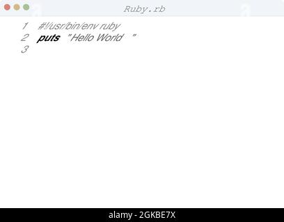 Ruby language Hello World program sample in editor window illustration Stock Vector