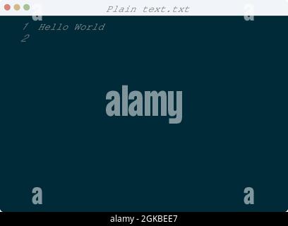 Plain text language Hello World program sample in editor window illustration Stock Vector