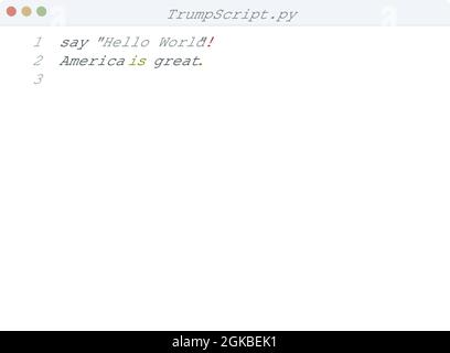 TrumpScript language Hello World program sample in editor window illustration Stock Vector