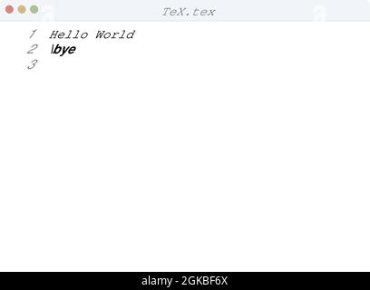 TeX language Hello World program sample in editor window illustration Stock Vector