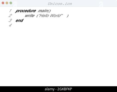 Unicon language Hello World program sample in editor window ...
