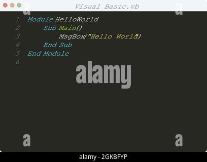 Visual Basic language Hello World program sample in editor window ...