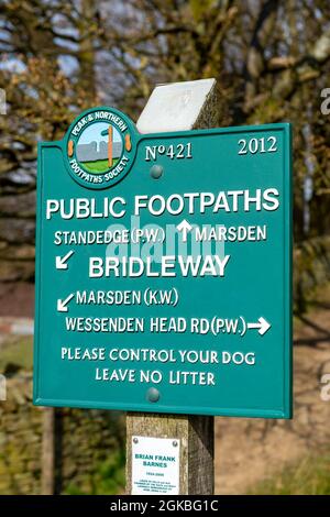 Footpath direction sign on the Pennine Way in the Wessenden Valley near Marsden, West Yorkshire Stock Photo