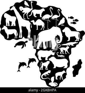 Silhouettes of Animals and Birds on Africa Map Stock Vector