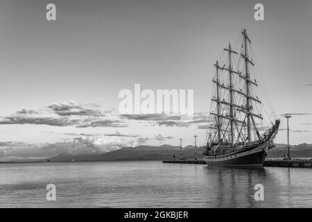 Large sailing ship in the port of Ushuaia, Patagonia, Argentina Stock Photo