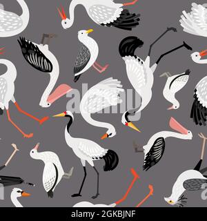 Seamless pattern with birds on gray background Stock Vector