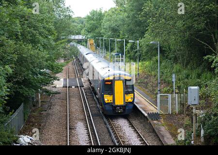 A British Rail class 375 electric multiple unit passenger train at Stonegate station on the London-Hastings line, East Sussex, England, UK Stock Photo