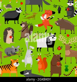 Seamless pattern with forest animals on green background Stock Vector
