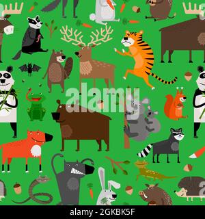 Seamless pattern with forest animals on a green background Stock Vector