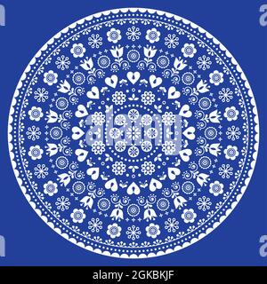 Floral Scandinavian mandala design, folk art vector pattern with flowers, black and white floral repetitive ornament Stock Vector