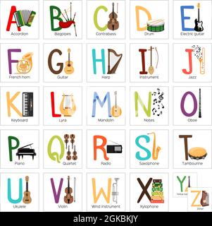 Alphabet with different musical instruments Stock Vector