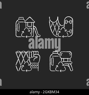 Recycling for sustainability chalk white icons set on dark background Stock Vector