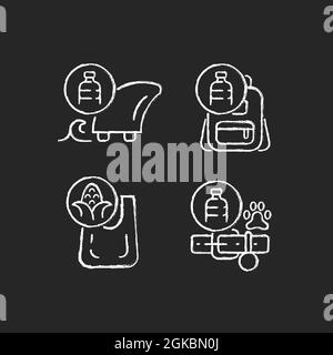 Products from recycled plastics chalk white icons set on dark background Stock Vector
