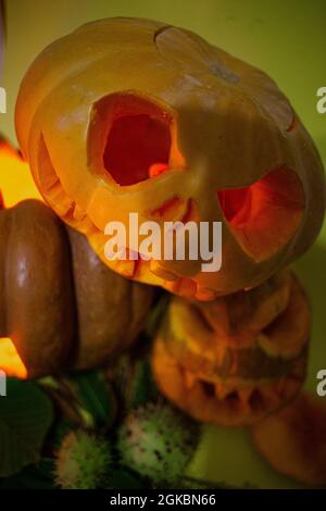 Photo composition from five pumpkins for Halloween Stock Photo