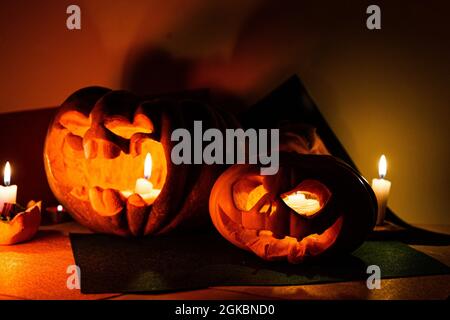 Photo composition from five pumpkins for Halloween Stock Photo