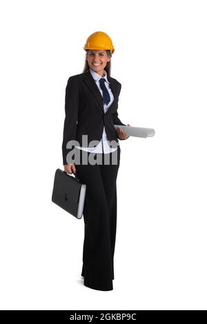 Female architect holding blueprints and document case full length portrait isolated on white background Stock Photo