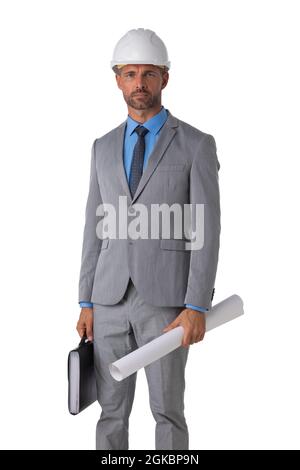 A view of mid adult construction worker wearing helmet and holding blueprints isolated on white background Stock Photo